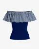 Gingham Off The Shoulder Knit Top Navy sold by Boston Proper