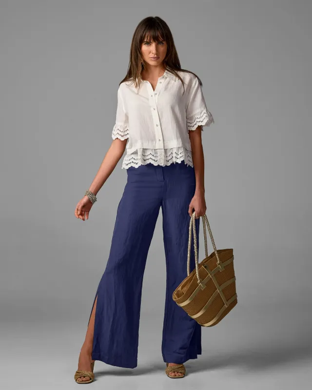 Casual side slit Linen pant Navy sold by Boston Proper
