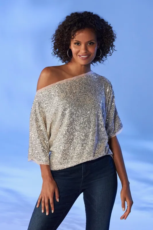 Sequin Slouchy Knit Top Champagne sold by Boston Proper
