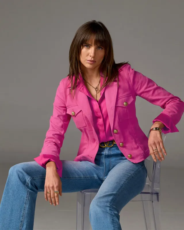 Modern Length Crest Button Luxe Denim Jacket Raspberry Rose sold by Boston Proper