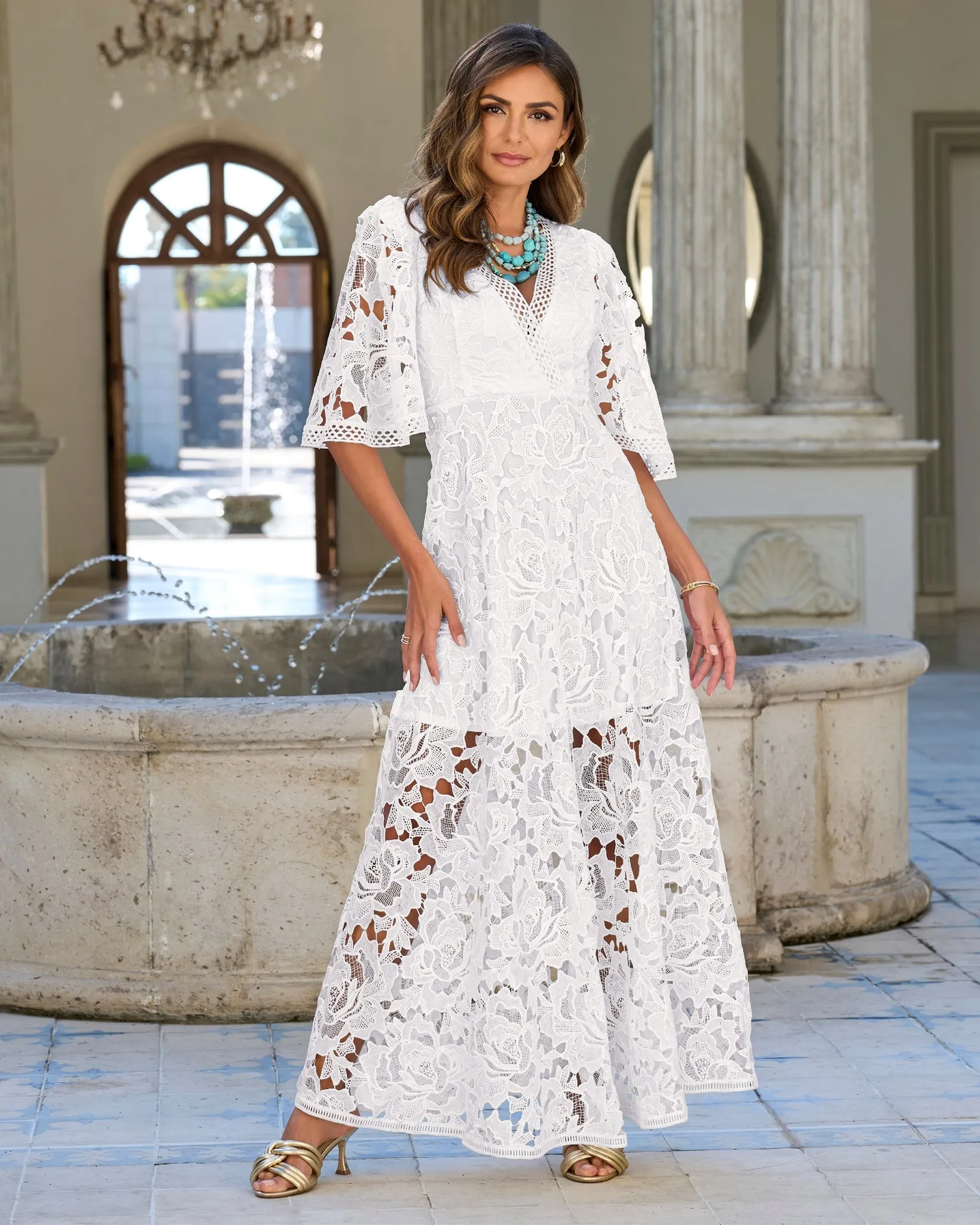 Lace Flounce Sleeve Maxi Dress White sold by Boston Proper