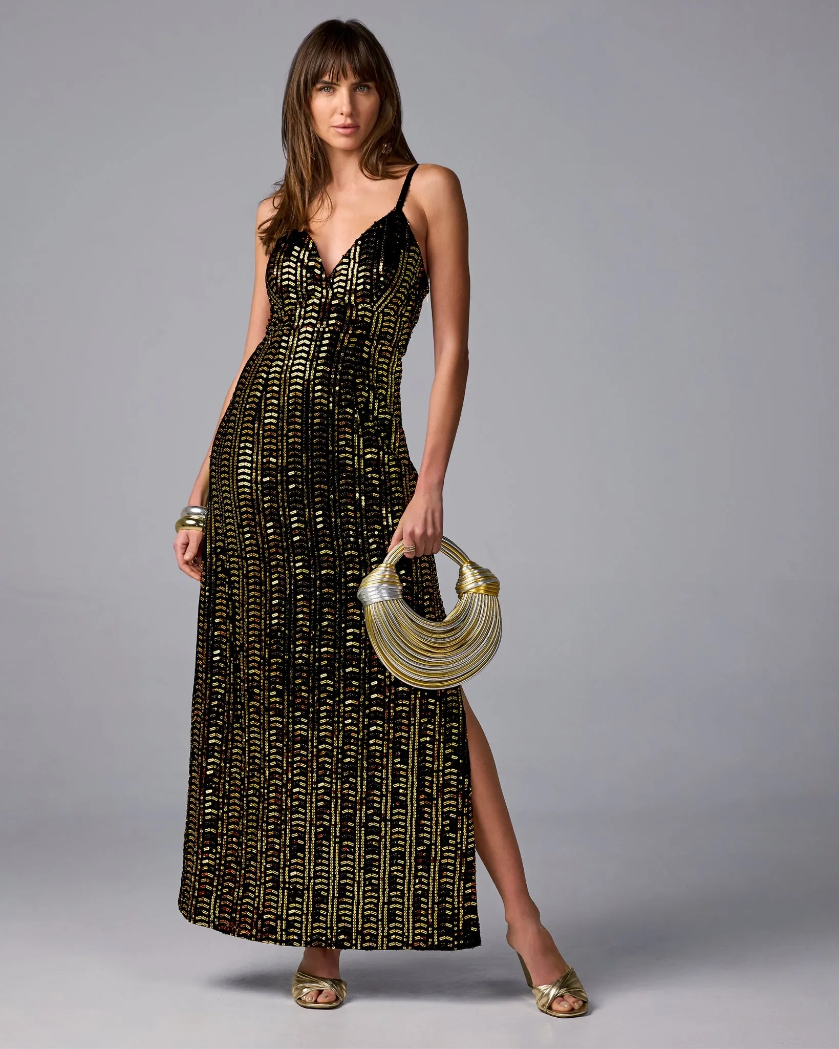 Sequin Embellished V Neck Maxi Dress Black/Gold sold by Boston Proper