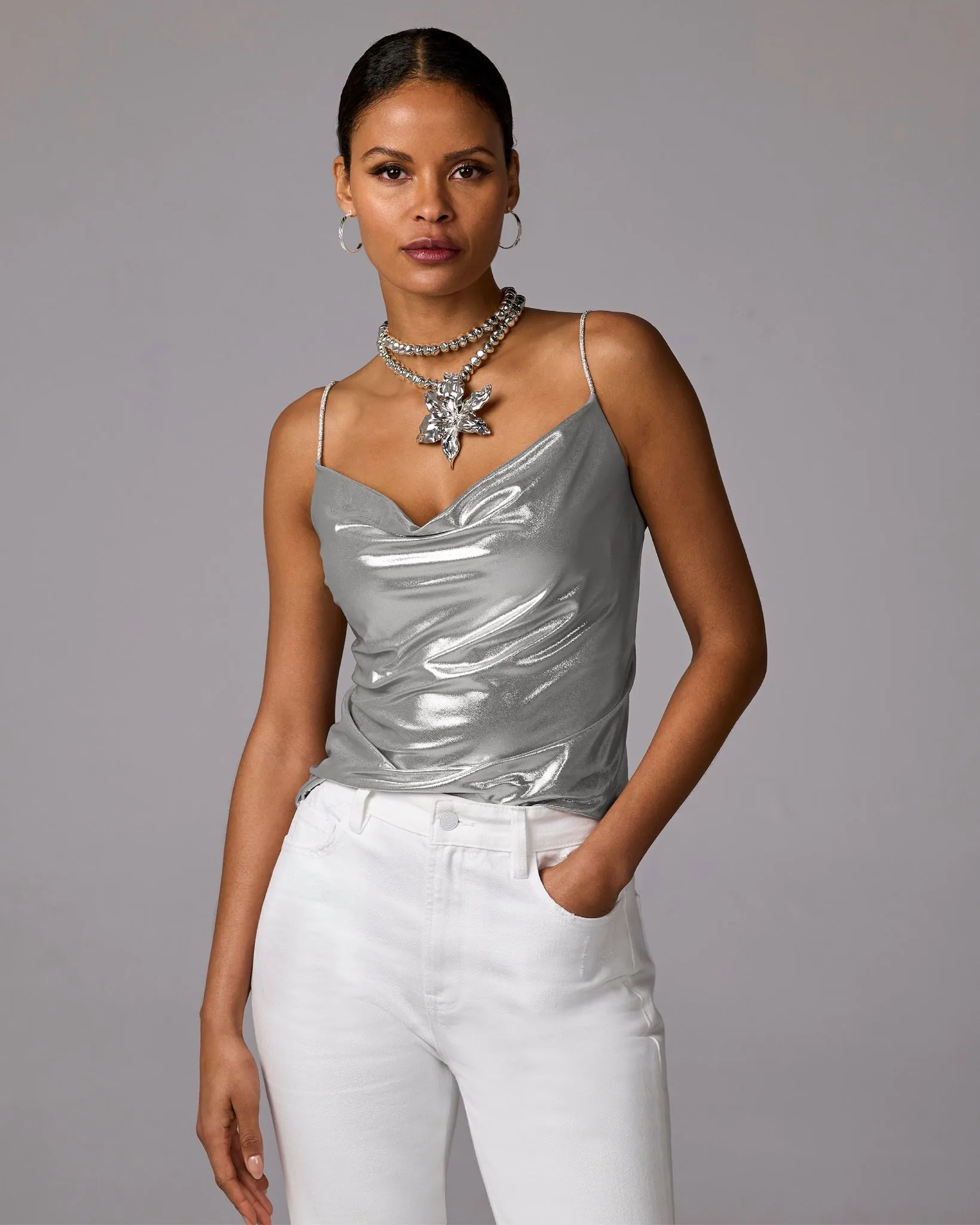Metallic Cowl Neck Cami Silver sold by Boston Proper