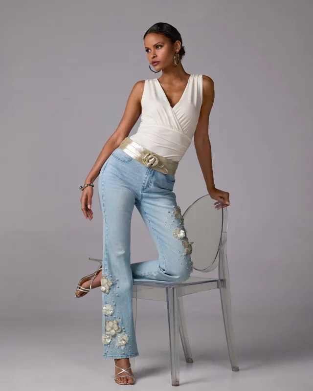 Monterey 3D Floral Pearl Embellished Jean Light Wash sold by Boston Proper