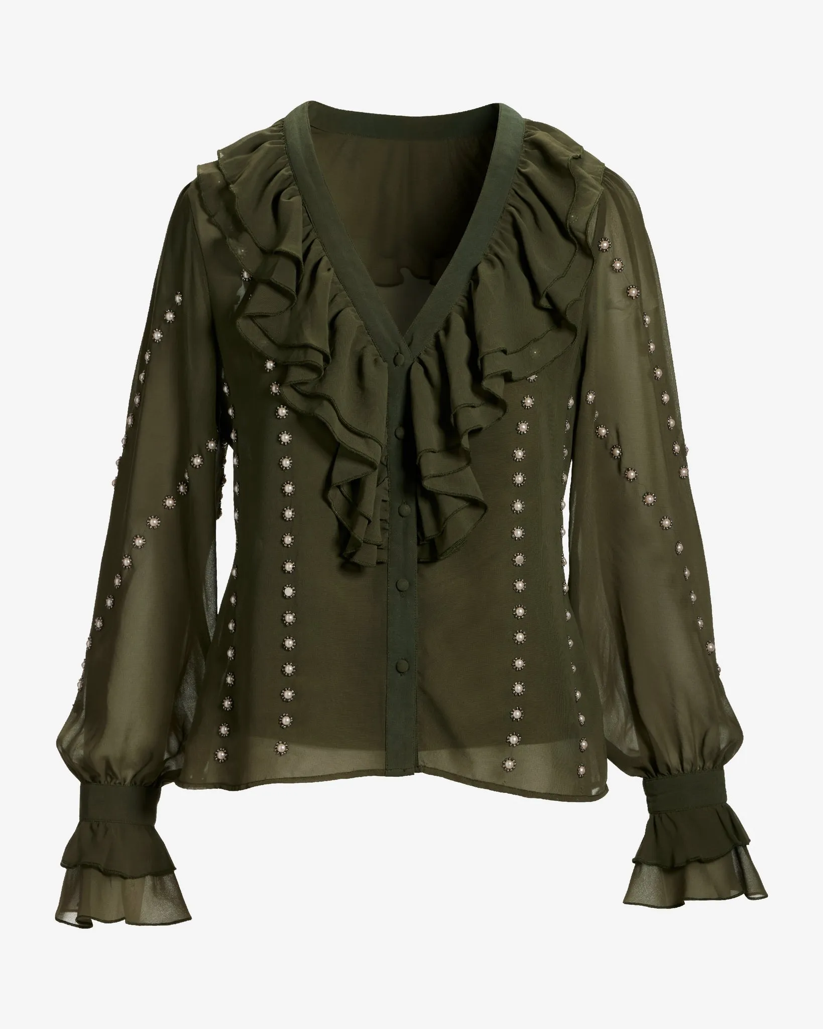Parisian Pearl Embellished Ruffle Blouse Olive Night sold by Boston Proper product image thumbnail 2