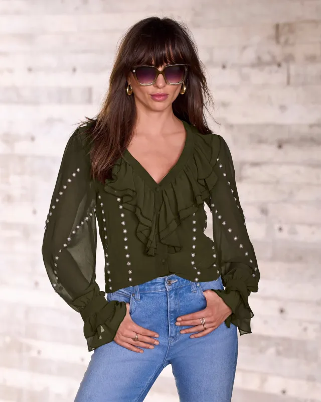 Parisian Pearl Embellished Ruffle Blouse Olive Night sold by Boston Proper