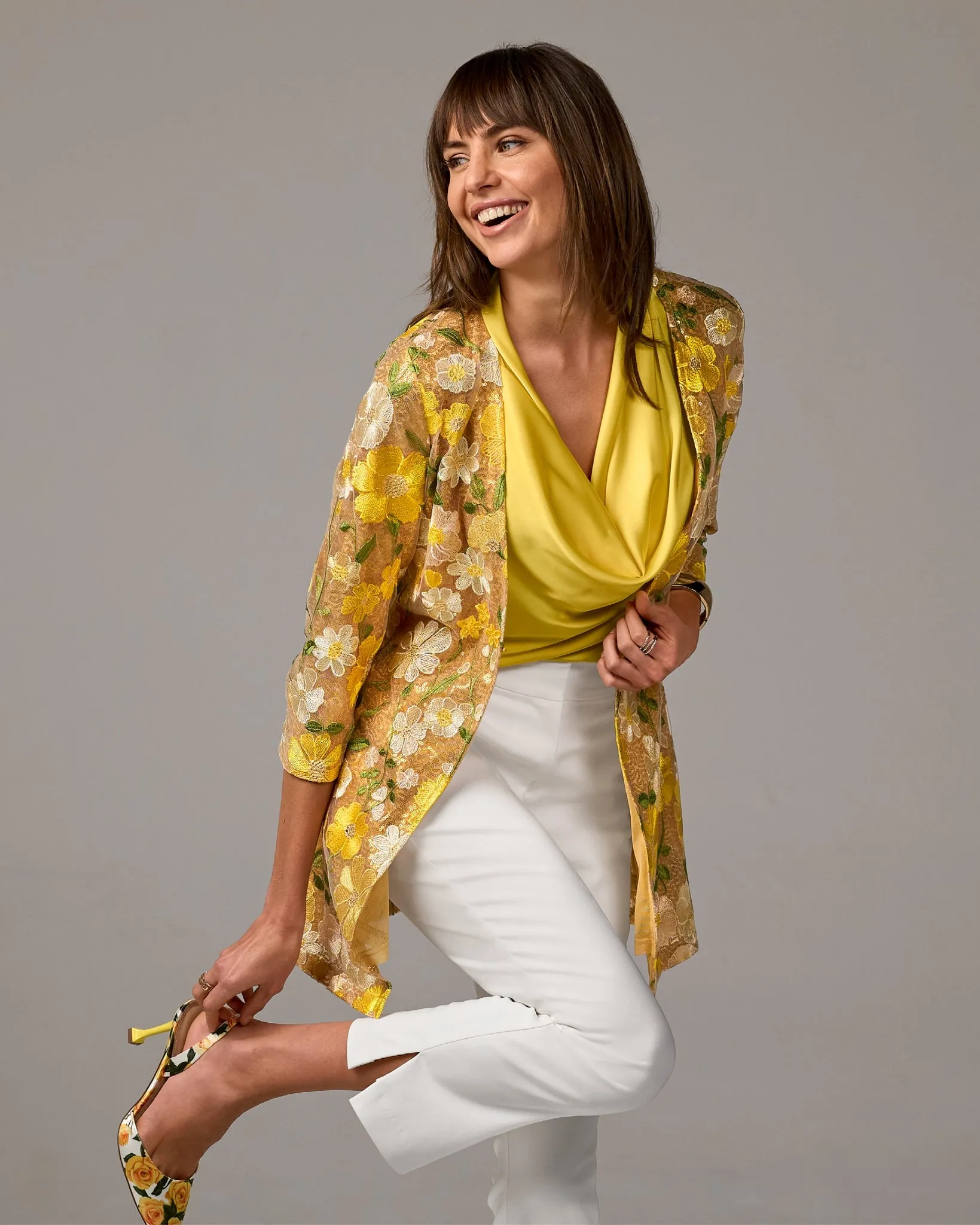 Sequin Embroidered Mesh Hip Length Duster Yellow Multi sold by Boston Proper