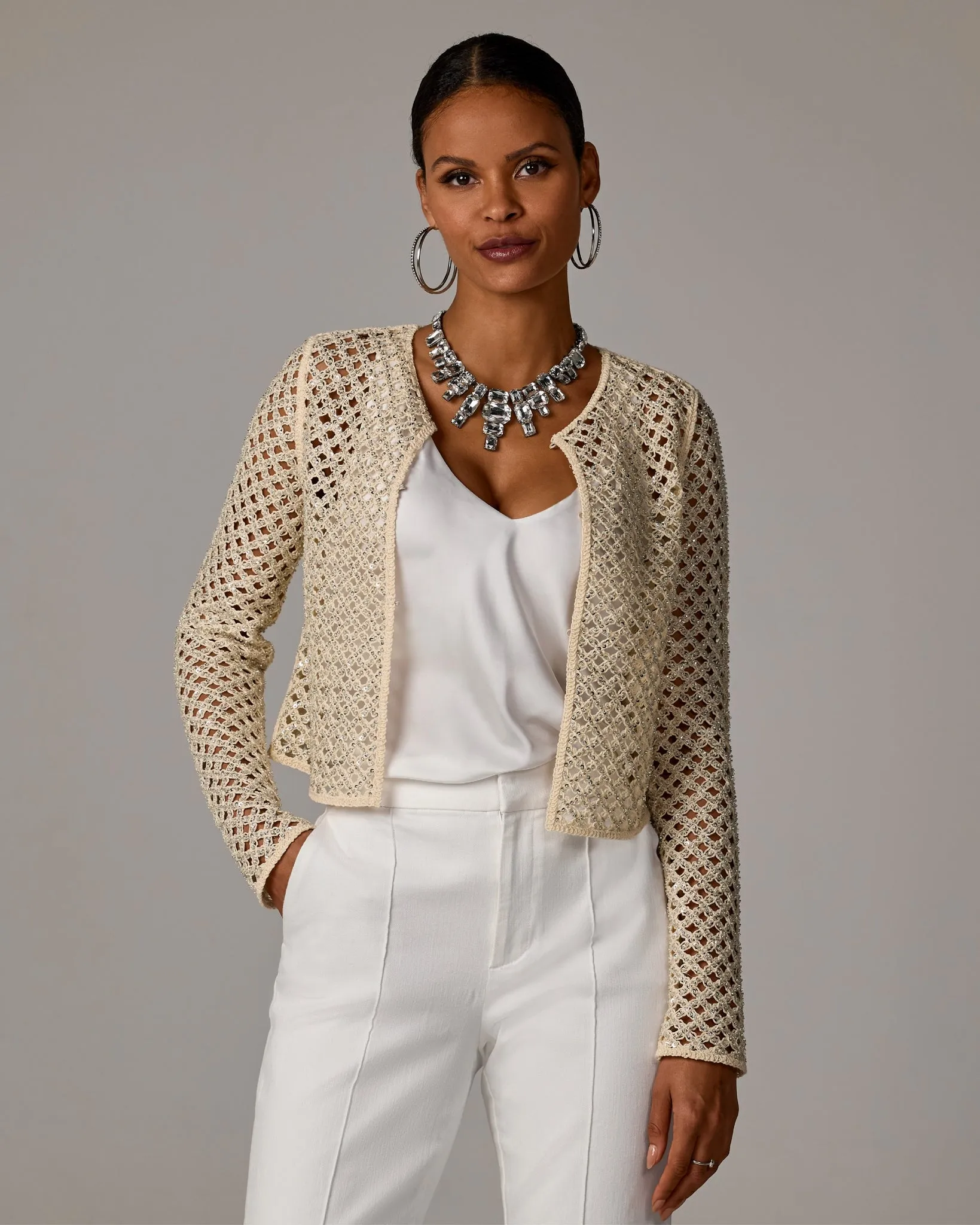 Embellished Crochet Cardigan Neutral sold by Boston Proper