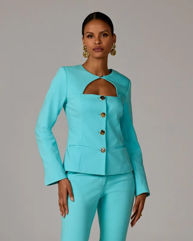 Modern Cutout Novelty Button Peplum Blazer Blue Radiance sold by Boston Proper