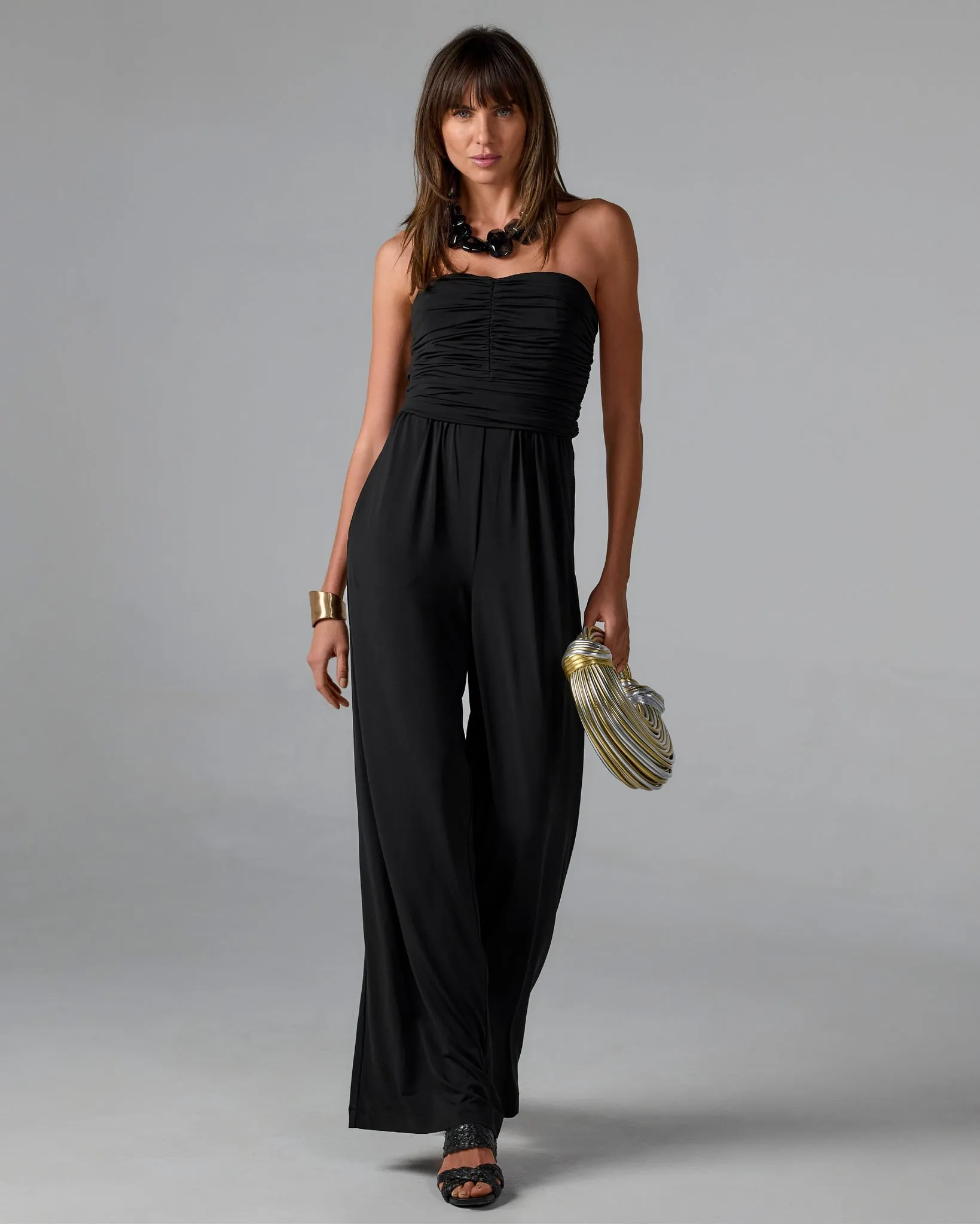 Strapless Ruched Wide Leg Knit Jumpsuit Black sold by Boston Proper