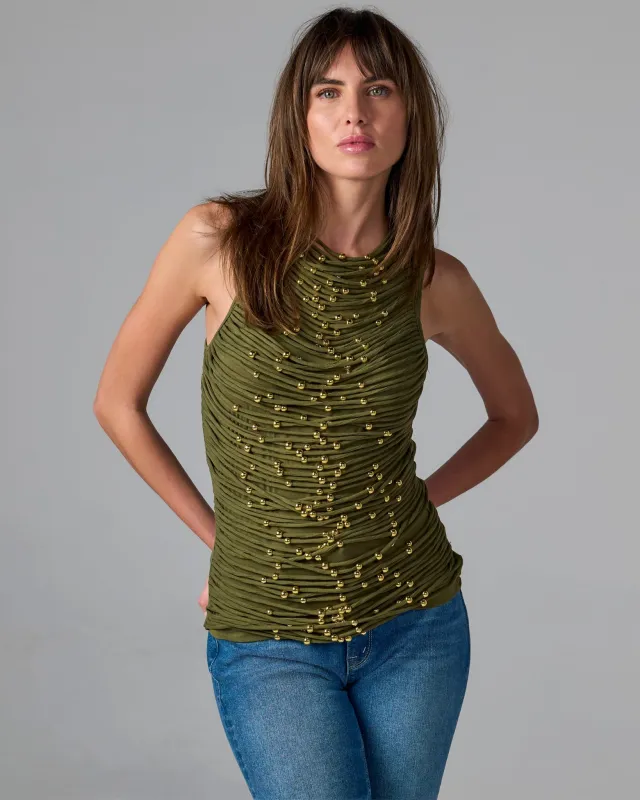 High Neck Beaded Mesh Top Olive Night sold by Boston Proper