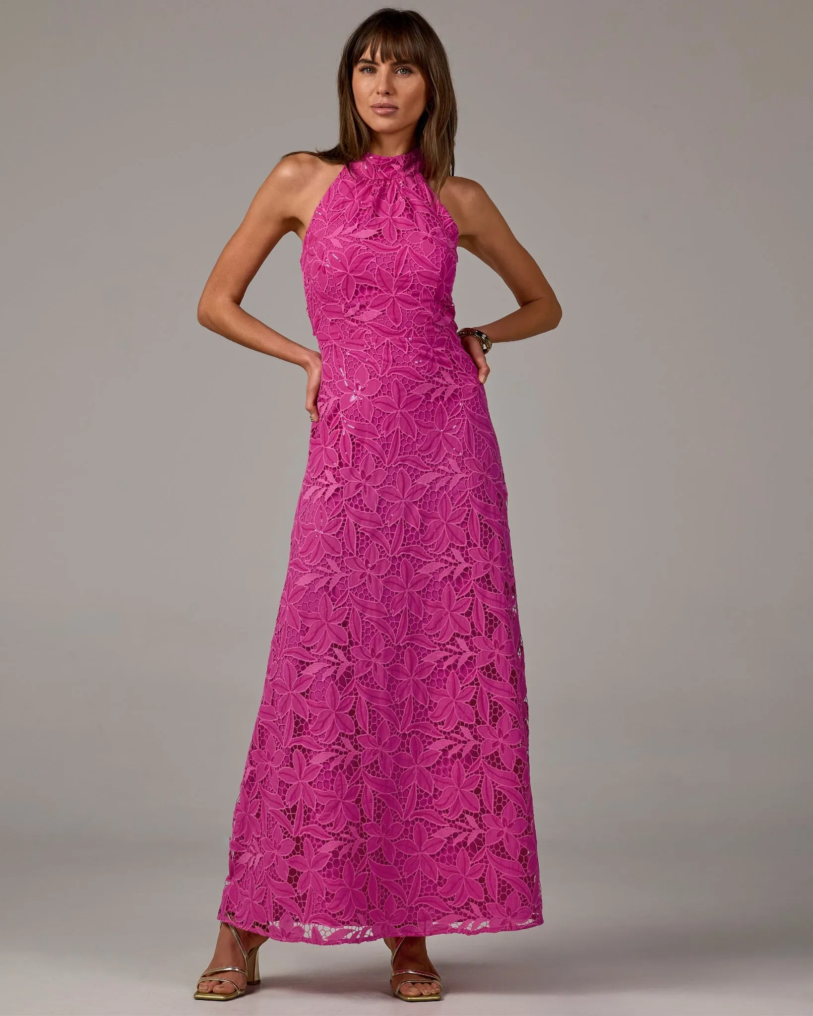 Sequin Lace Halter Neck Maxi Dress Raspberry Rose sold by Boston Proper