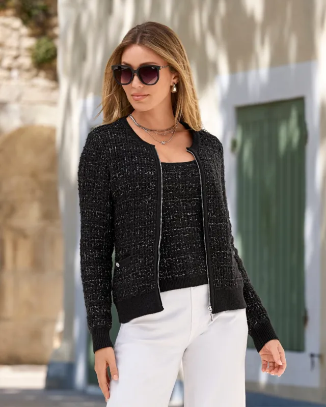 Sweater Tweed Zip Up Cardigan Black/Silver sold by Boston Proper