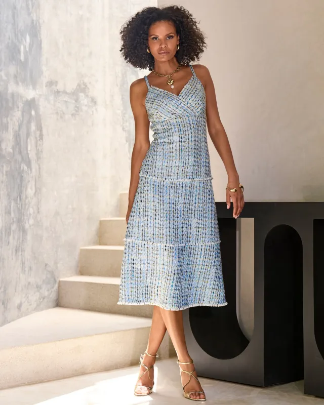 Chic Tweed Midi Dress Light Blue Multi sold by Boston Proper
