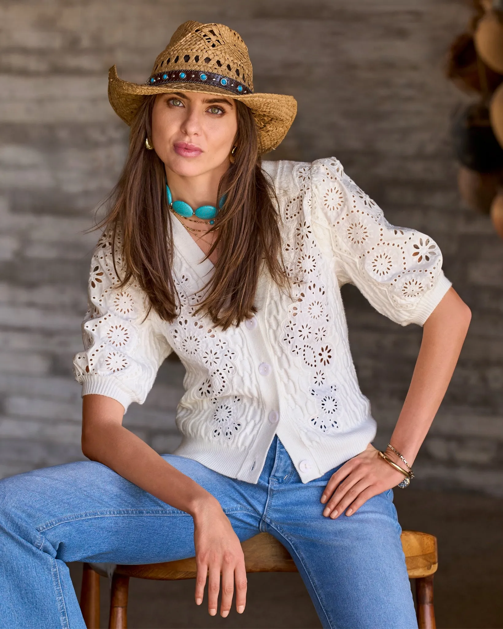 Eyelet Cable Button Up Cardigan Sweater Off White sold by Boston Proper