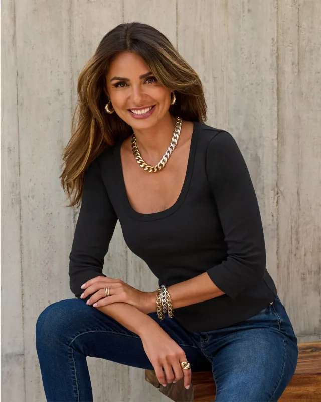 Cotton Scoop Neck Three Quarter Sleeve Top Proper Black sold by Boston Proper