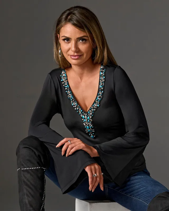 Embellished Trim V-Neck Long Sleeve Proper Black Multi sold by Boston Proper