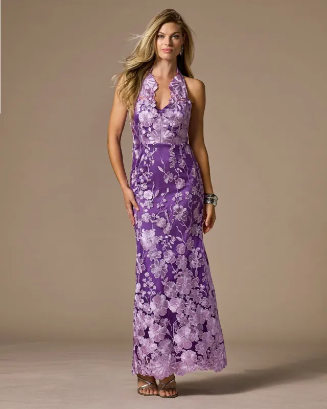 Scallop Detail Halter Embroidered Mesh Gown Lavender sold by Boston Proper