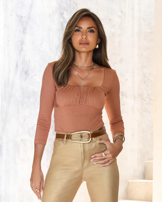 Slinky Ribbed Ruched Scoop Neck Top Terracotta sold by Boston Proper