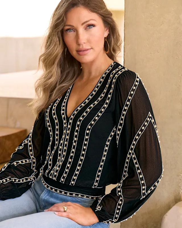 Pearl Grommet Detail Blouse Black made by Boston Proper