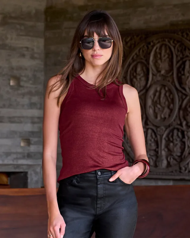 So Essential Metallic Ribbed High Neck Tank Black Cherry sold by Boston Proper