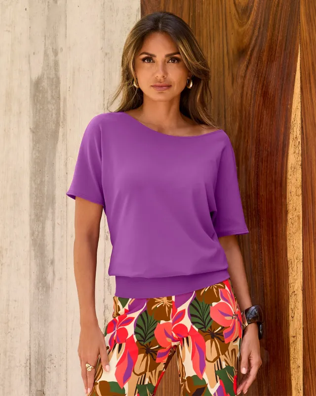 Beyond Travel Short Sleeve Slouchy Top Purple Magic sold by Boston Proper