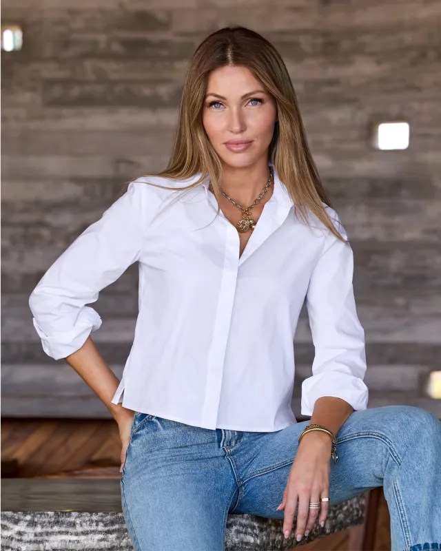 Cropped Poplin Button Up Shirt White sold by Boston Proper