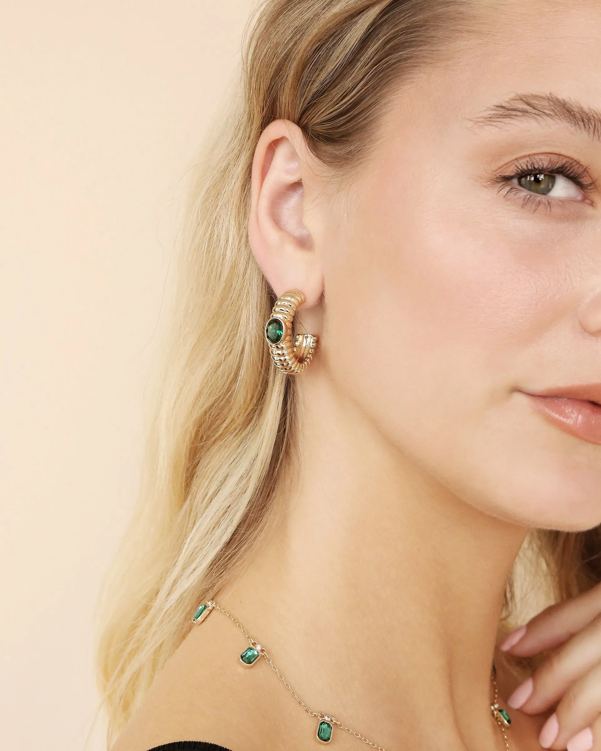 Ribbed Emerald Large Hoops sold by Boston Proper product image thumbnail 4
