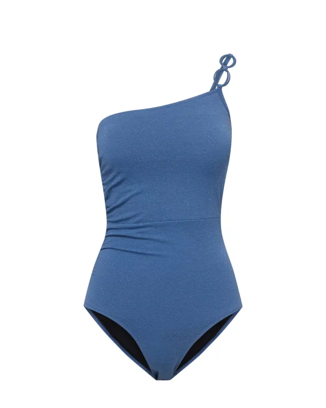 Kara One Piece In Steel Blue Metallic Pique sold by Boston Proper