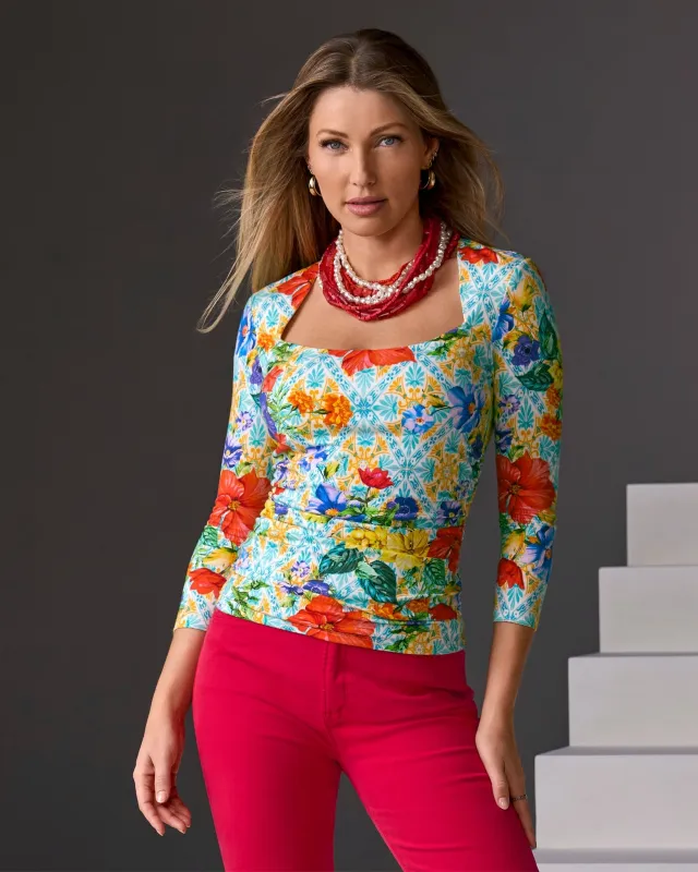 So Sexy Ruched Three Quarter Sleeve Print Top Amalfi Tiles sold by Boston Proper