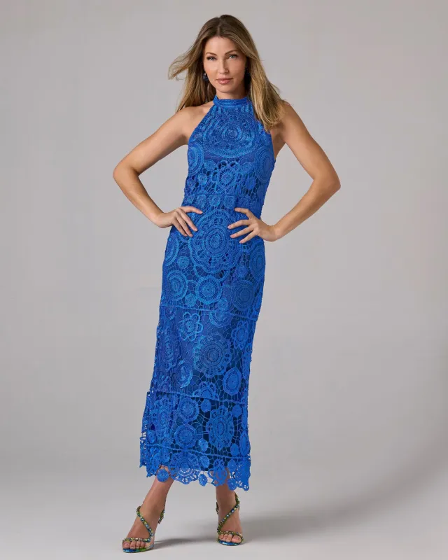 Medallion Crochet Halter Ankle Length Dress Cobalt Blue sold by Boston Proper