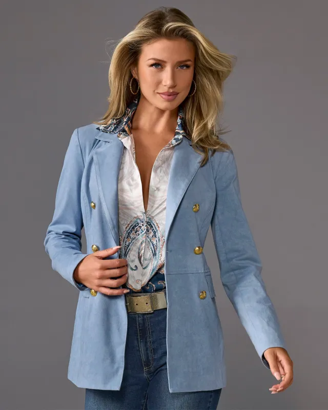 Faux Suede Double Breasted Boyfriend Blazer Blue sold by Boston Proper