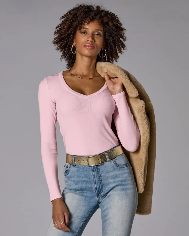So Essential Ribbed V Neck Long Sleeve Top Soft Pink sold by Boston Proper