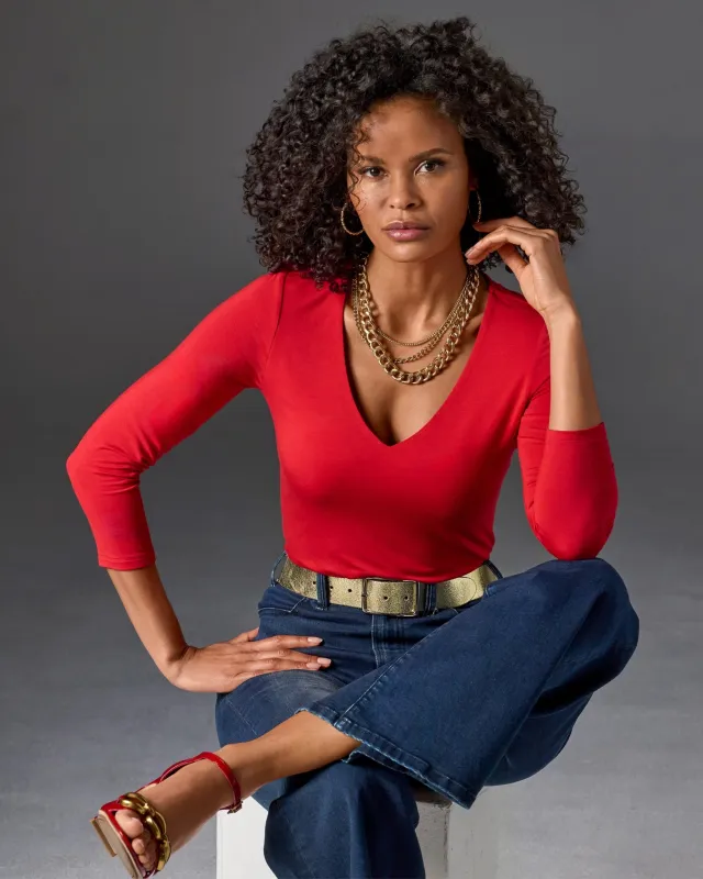 So Effortless Three Quarter Sleeve V Neck Lipstick Red sold by Boston Proper