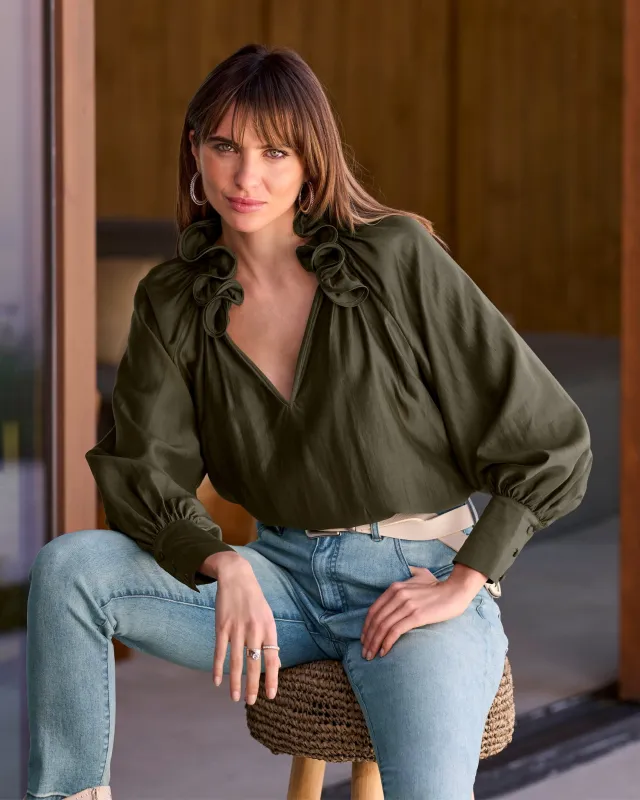 Ruffle Collar Blouse Olive Night sold by Boston Proper