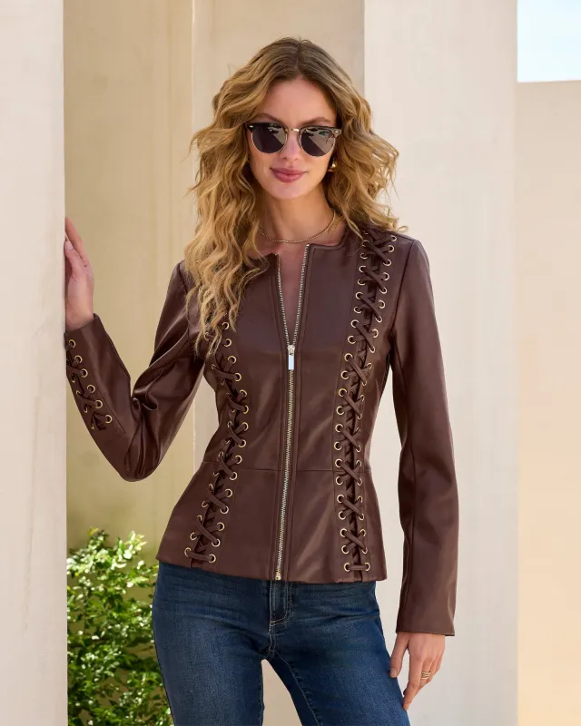 Faux Leather Lace Up Grommet Collarless Peplum Jacket Chocolate sold by Boston Proper