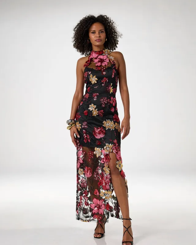 Sequin Mesh Slit Maxi Gown Black Multi sold by Boston Proper