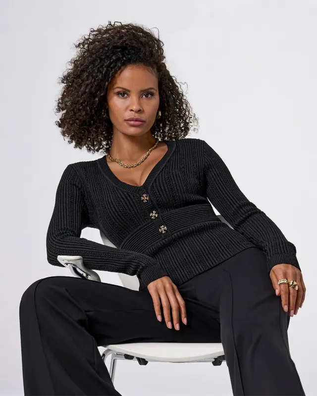 Peplum Button Sweater Proper Black sold by Boston Proper