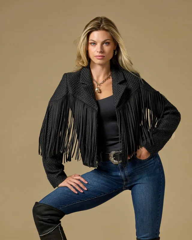 Fringe Detail Collared Shimmer Tweed Jacket Black sold by Boston Proper