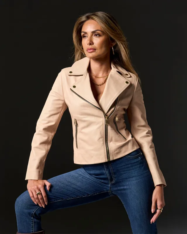 Genuine Leather Zip Detail Moto Jacket Bone sold by Boston Proper