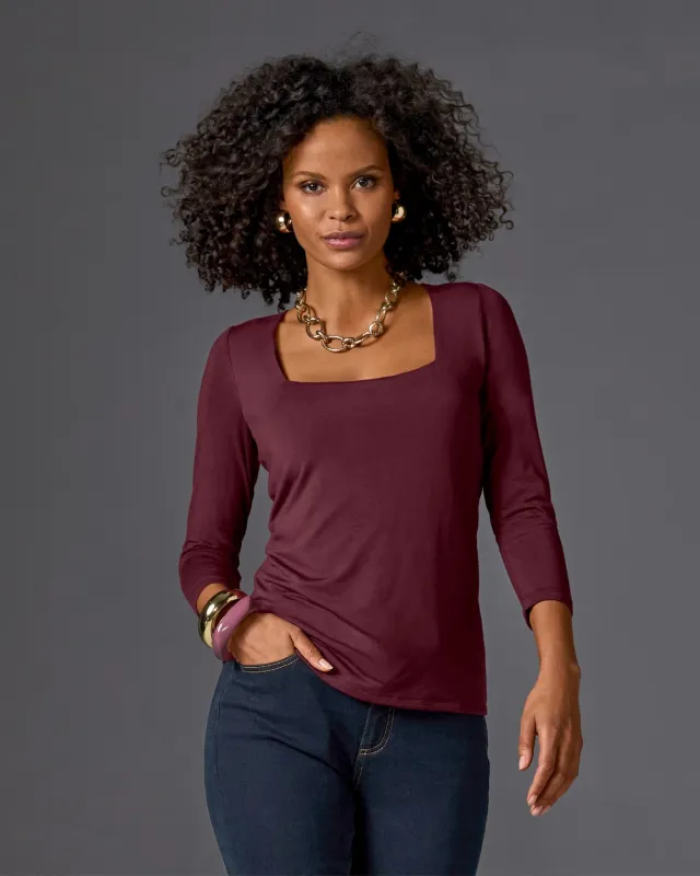So Effortless Square Neck Three Quarter Sleeve Top Black Cherry sold by Boston Proper