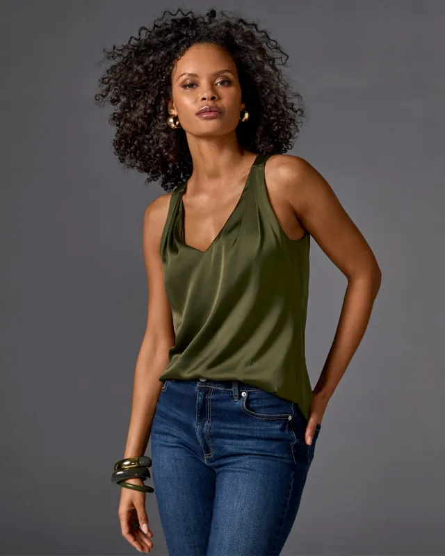 Nikki V-Neck Charmeuse Blouse Forest Night sold by Boston Proper