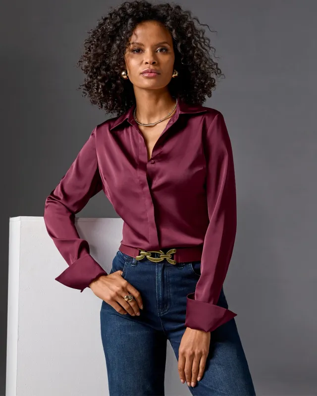 Sophia Button-Up Charmeuse Blouse Black Cherry sold by Boston Proper