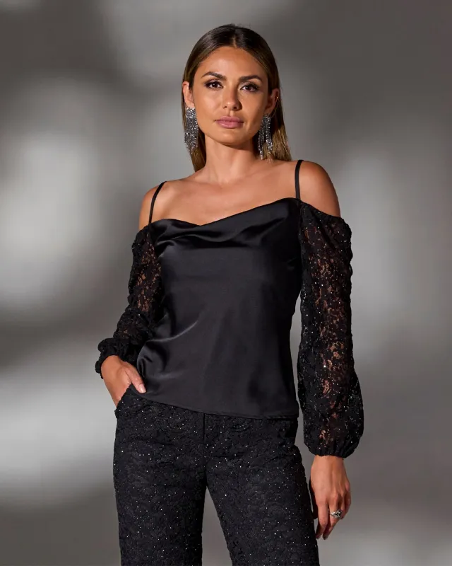 Cold Shoulder Lace Balloon Sleeve Black sold by Boston Proper