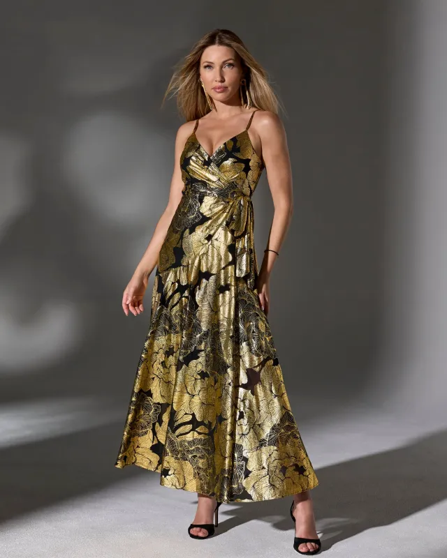 Metallic Foil Floral Wrap Maxi Dress Black/Gold sold by Boston Proper