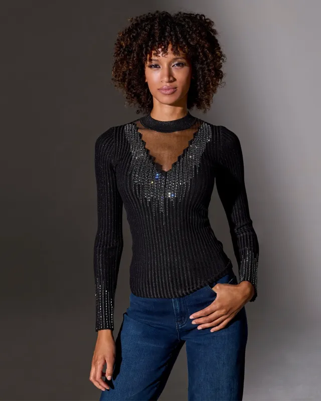 Rhinestone Embellished Mesh Illusion Sweater Proper Black sold by Boston Proper