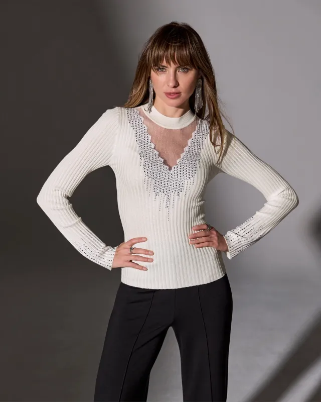Rhinestone Embellished Mesh Illusion Sweater Off White sold by Boston Proper