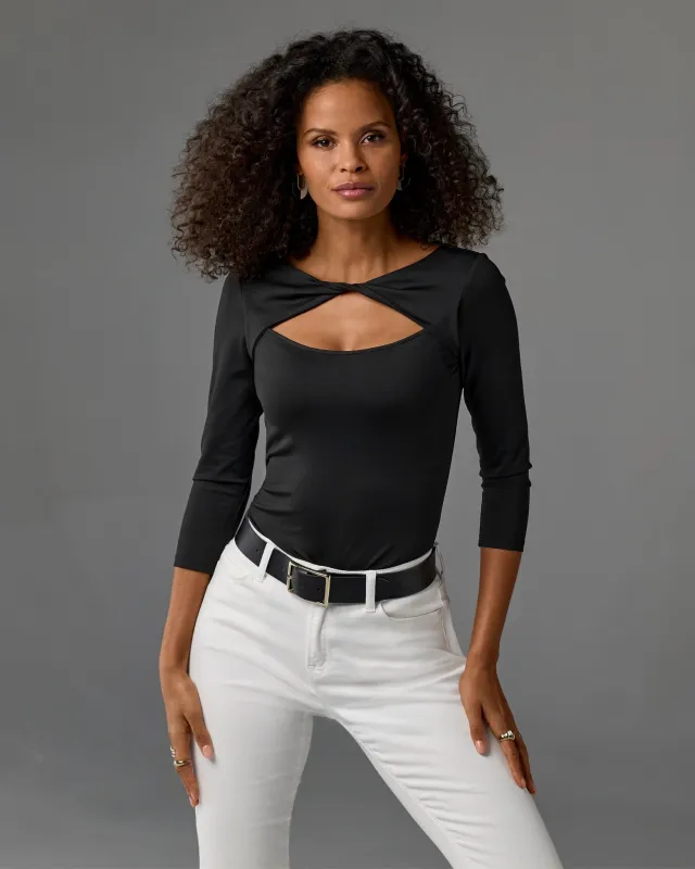 So Modern Cutout Three Quarter Sleeve Top Proper Black sold by Boston Proper