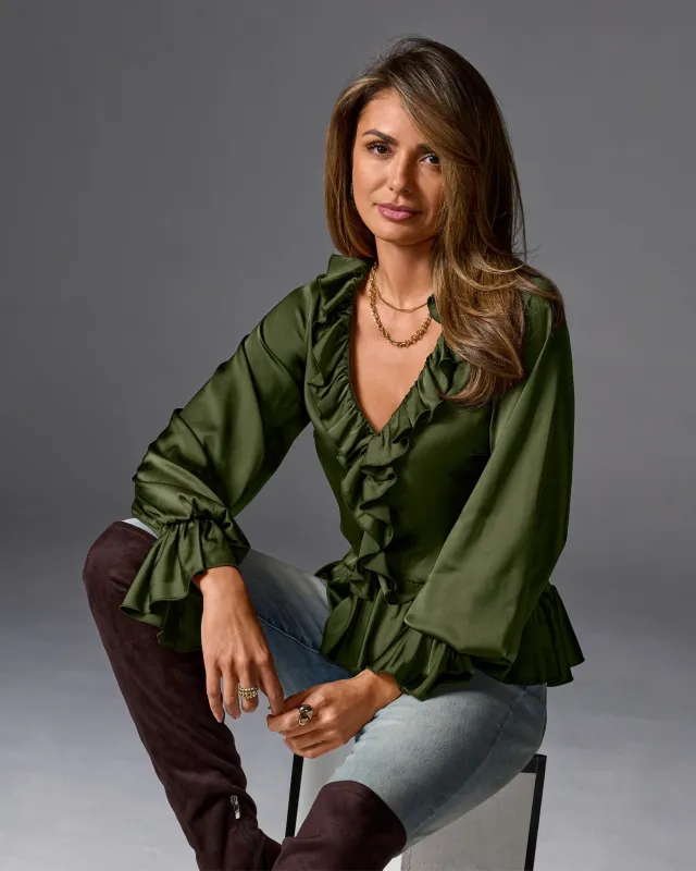 Paige Ruffle Charmeuse Blouse Olive Night sold by Boston Proper