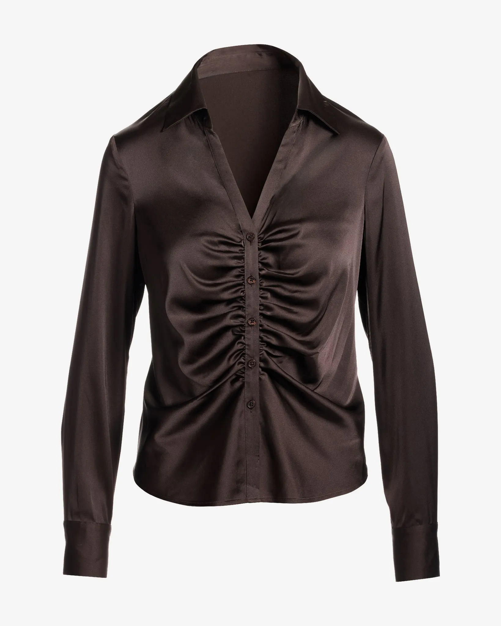 Jessie Charmeuse Ruched Center Front Button Up Shirt Chocolate Torte sold by Boston Proper product image thumbnail 2